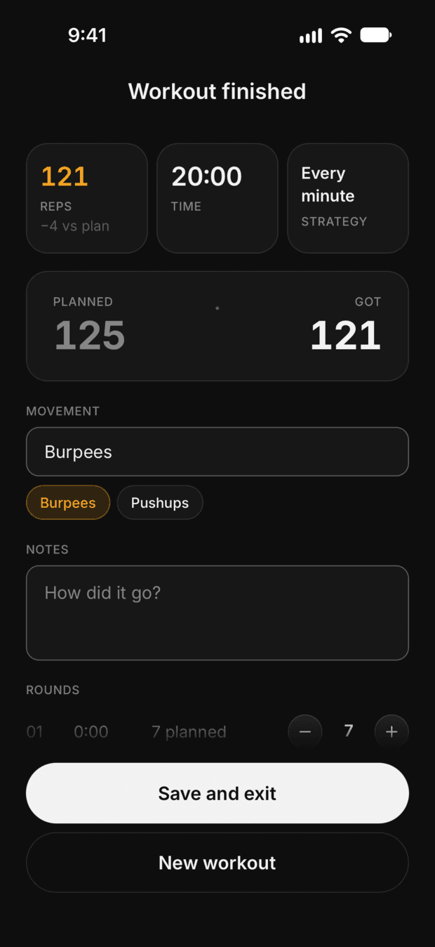 Workrate workout summary: planned vs. actual reps, round by round