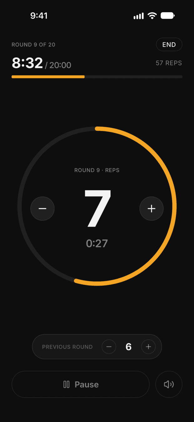 Workrate burpee workout in progress: round timer counting down with the rep target